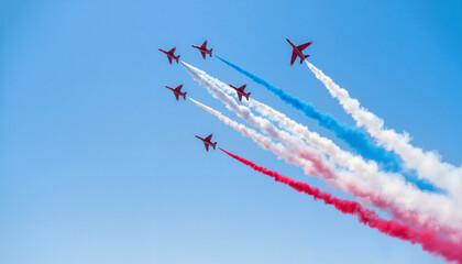 French military jets flying in formation with colored smoke, Bastille Day
