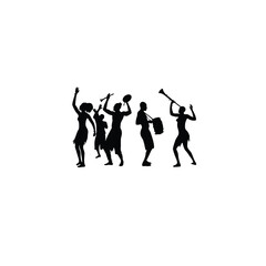 Silhouette of a group celebrating with traditional music and dance on white background