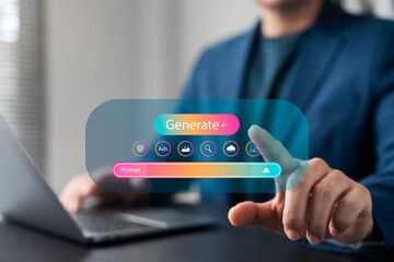 Generative AI interface concept. Businessman using advanced artificial intelligence system with prompt input to generate content, images, or ideas, symbolizing future tech and creativity tools.