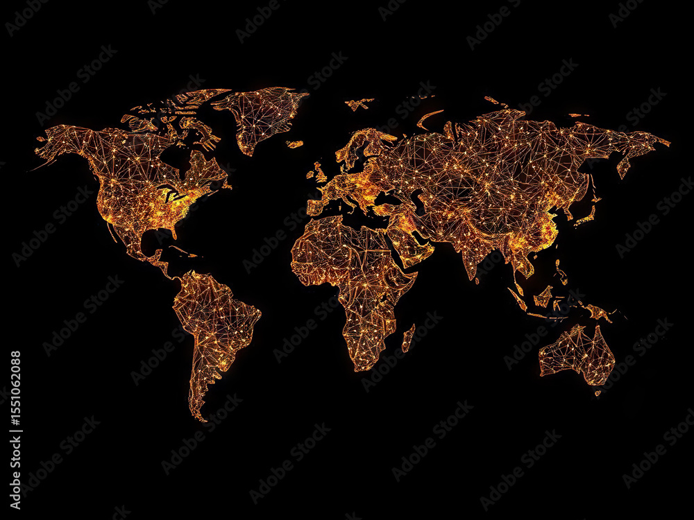 Poster glowing world map with illuminated network connections, symbolizing global communication and connect