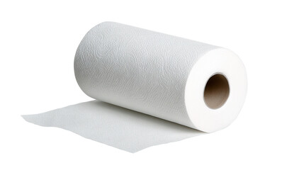 Fototapeta premium Versatile roll of white kitchen paper towel displayed on a pristine white background in vibrant studio lighting for a clean aesthetic
