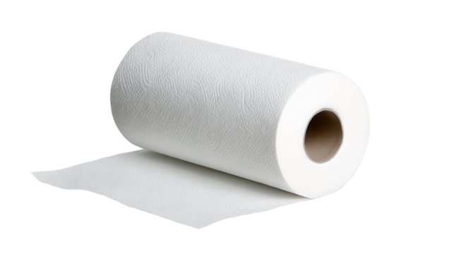 Versatile roll of white kitchen paper towel displayed on a pristine white background in vibrant studio lighting for a clean aesthetic
