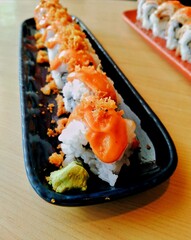 Spicy Sushi Roll Platter with Crispy Topping and Wasabi