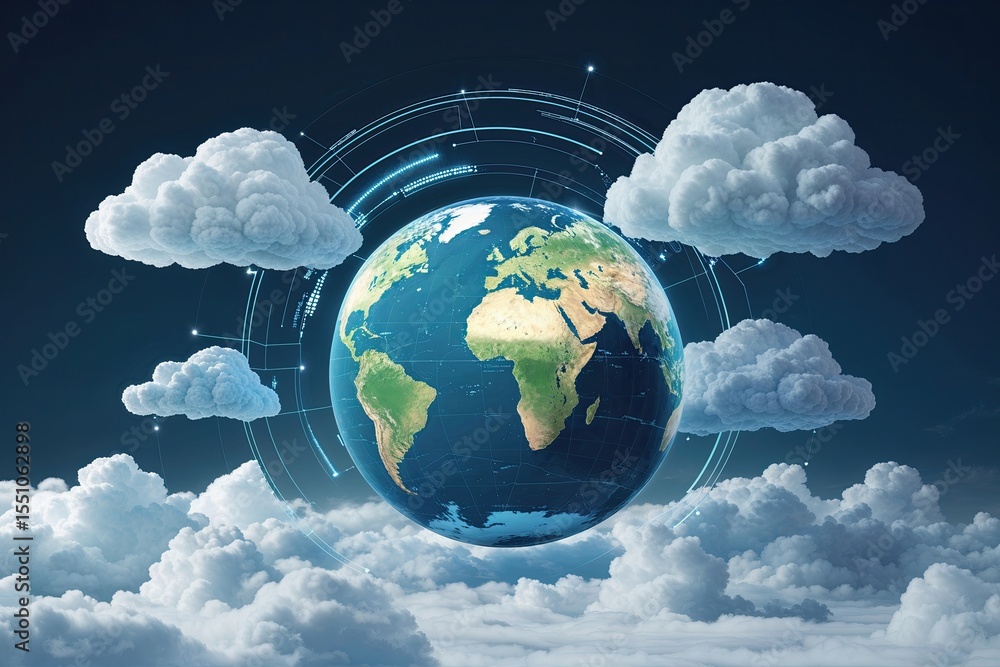 Poster visualizing cloud solutions with 3d globe and cloud imagery for global connectivity