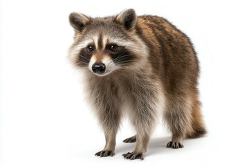 Raccoon standing proudly on a bright white background showcasing its charming features and playful nature in a studio setting