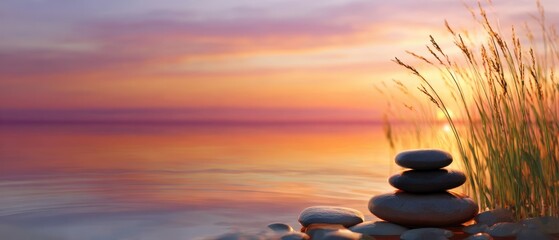 Obraz premium The serene arrangement of stones by a tranquil water at sunset