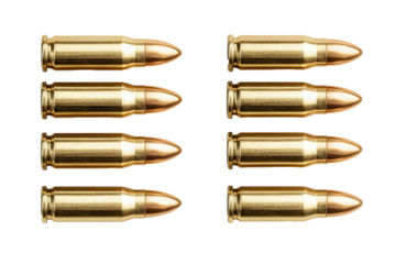 Realistic view of machine gun bullets arranged in two rows isolated against a clean white backdrop