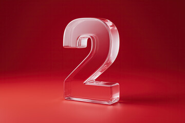 Transparent glass number two stands elegantly against vibrant red backdrop.