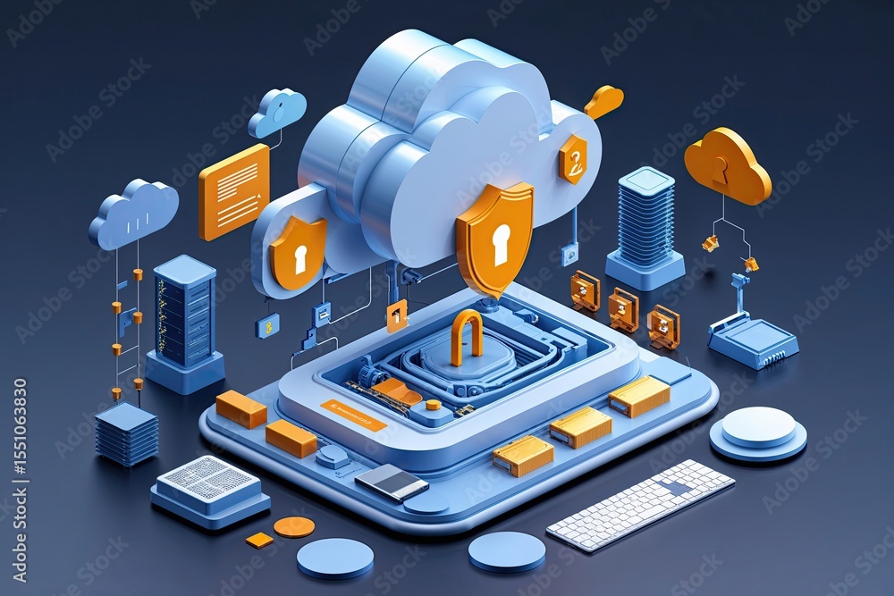 Poster advanced cloud technology and data security mechanisms 3d model illustration