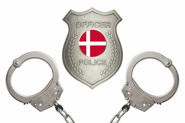 Denmark police officer badge with steel handcuffs isolated white background