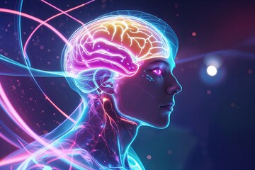 Obraz premium Visionary Character Profile Featuring Ethereal Light Forms and Holographic Brain Projection in Vivid Colors