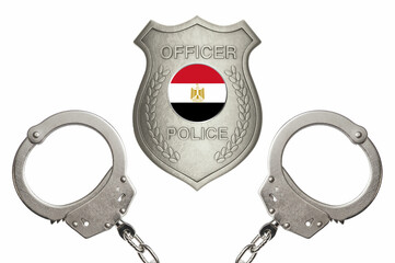 Egypt police officer badge with steel handcuffs isolated white background
