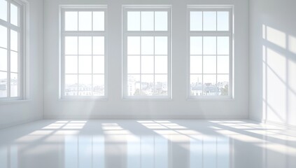 Fototapeta premium White room with large windows, city view. Sunlight casts shadows