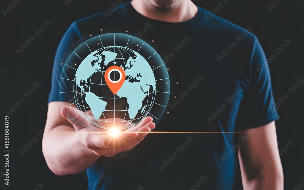 Poster a person holding digital earth globe with location marker concept of global connection and navigatio