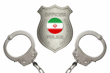 Iran police officer badge with steel handcuffs isolated white background