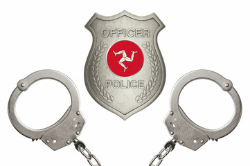 Isle of Man police officer badge with steel handcuffs isolated white background