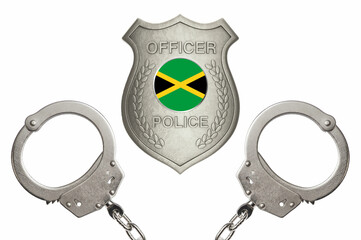 Jamaica police officer badge with steel handcuffs isolated white background