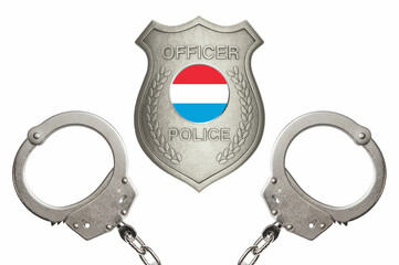 Luxembourg police officer badge with steel handcuffs isolated white background