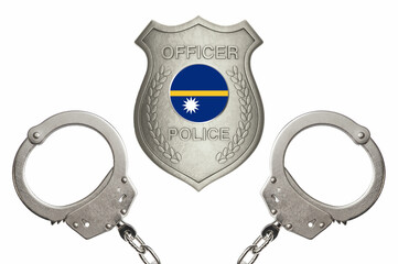 Nauru police officer badge with steel handcuffs isolated white background