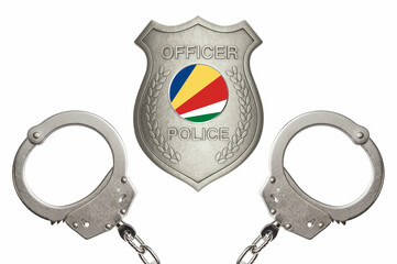 Seychelles police officer badge with steel handcuffs isolated white background