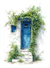 A weathered blue door, nestled in a whitewashed wall, is embraced by verdant vines climbing stone steps