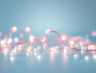 Soft pink string lights and pearls on a light blue background