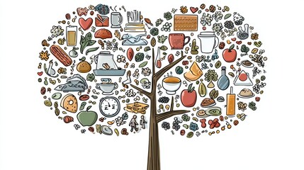 Emotional Wellness Tree Created From Food, Sleep, and Activity Icons Showcasing Holistic Health Concepts