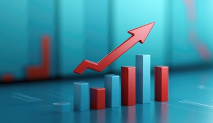 3D bar graph with upward red arrow, teal background