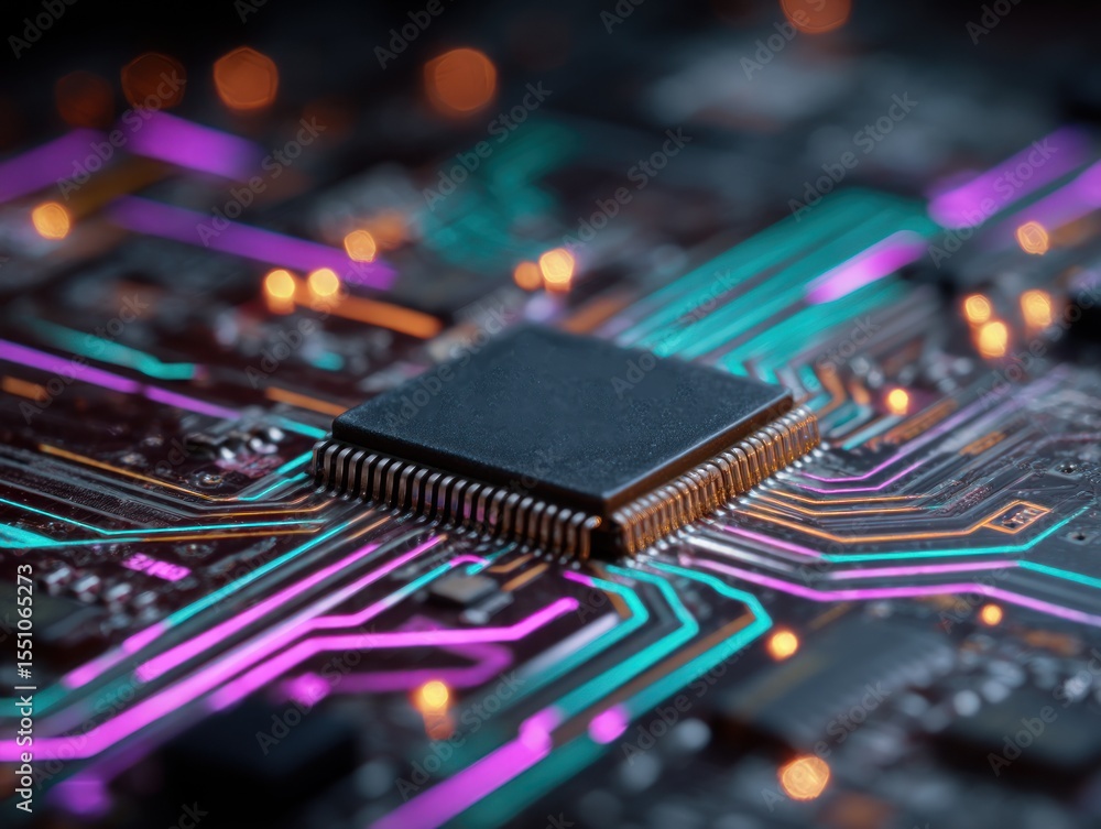 Poster close up of a colorful circuit board with processor chip