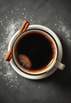 Steaming cup of black coffee with cinnamon stick on saucer, set on dark textured surface