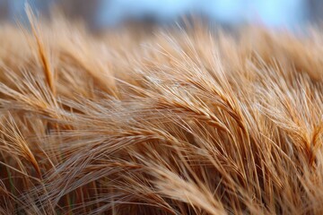 Closeup view of golden wheat stalks with light blue sky visible in the background