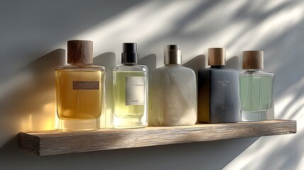 Photorealistic render of luxury skincare bottles symmetrically arranged