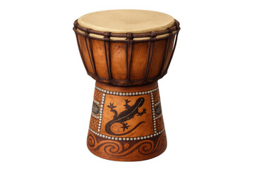 Studio shot of a djembe drum decorated with a gecko motif, isolated on a transparent background, showcasing its traditional craftsmanship