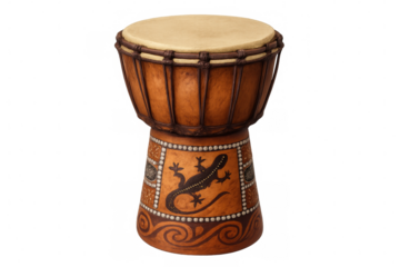 Studio shot of a djembe drum decorated with a gecko motif, isolated on a transparent background, showcasing its traditional craftsmanship