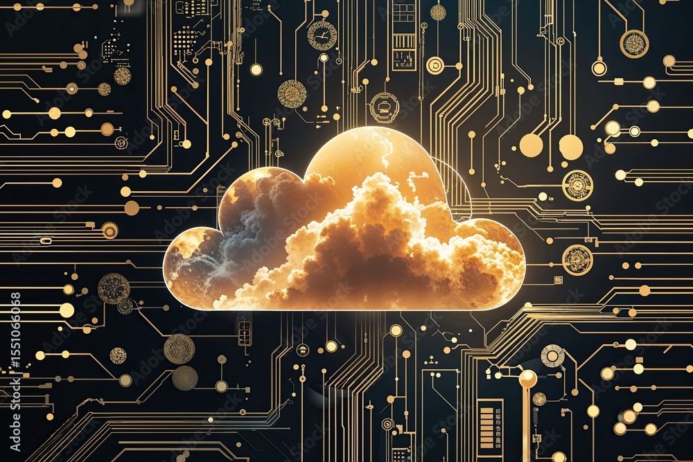 Aufkleber shimmering cloud silhouette surrounded by circuit motifs reflecting technology, digital networking, 