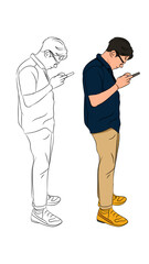 Man standing and looking at smartphone, shown in both line art and colored illustration styles. Perfect for technology or lifestyle concepts