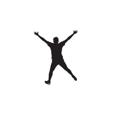 Vector art of silhouette of a man joyfully jumping with arms outstretched, expressing happiness and success, isolated on white background