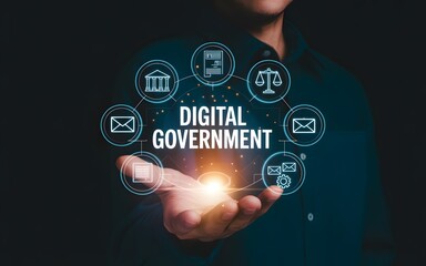 Digital government concept businessman presenting technological icons connecting services