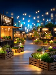 Night market with containers and plants