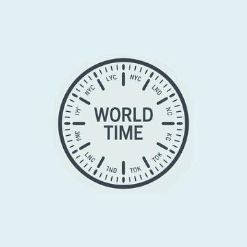 Dark Gray Circular World Time Graphic with City Codes N Y C L N D T O K L Y C I X Y N C L N C T N D on Light Blue Background