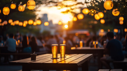 夕暮れ時のビアガーデンのテーブルに並ぶ生ビール