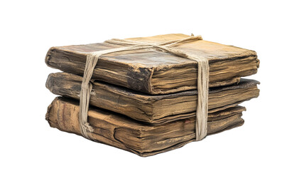 Pile of old weathered books tied with twine isolated on transparent background.