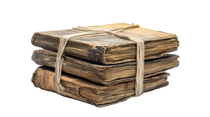 Pile of old weathered books tied with twine isolated on transparent background.