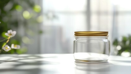 Empty glass jar with gold lid on a white surface,  natural light, blurred plants and flowers in background