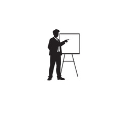 Vector art of silhouette of a businessman giving a presentation using a flipchart, isolated on white background