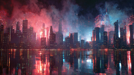 Obraz premium Festive Night Cityscape with Fireworks Reflection