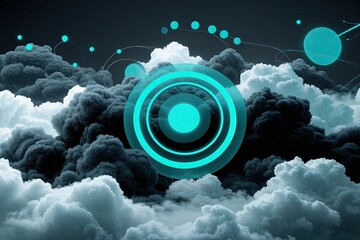 Translucent Black Clouds and Turquoise Circles Representing Evolution in Cloud Technology