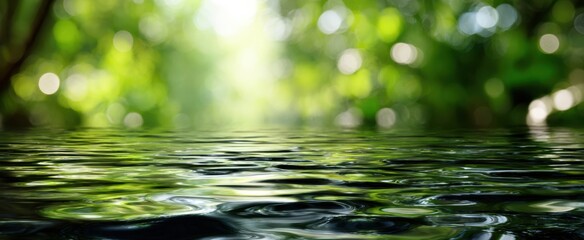 The tranquil surface of water reflecting a lush green environment.
