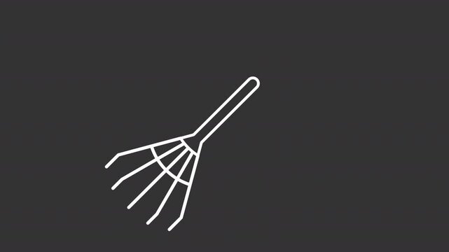 Animated rake white line icon. Gardening tool animation. Moving instrument, pressing. Lawn cleaning equipment. Farming, agriculture. Isolated element on dark background. Alpha transparent video