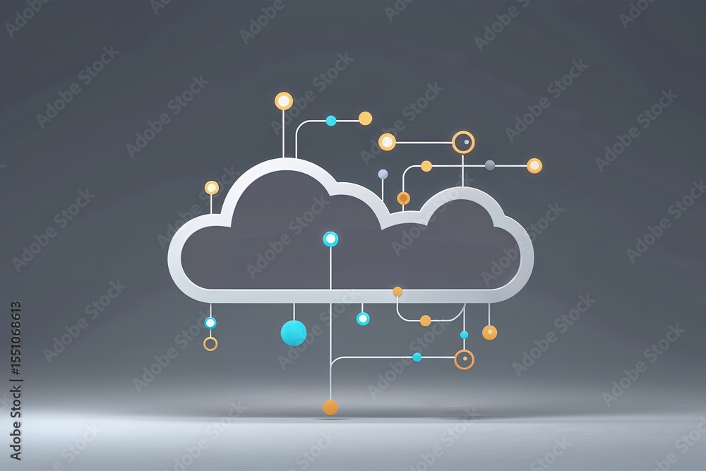 Poster minimalist digital cloud icon with connected nodes for technology and data storage concepts
